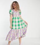 Collusion Gingham Midi Smock Dress With Embroidery In Multi