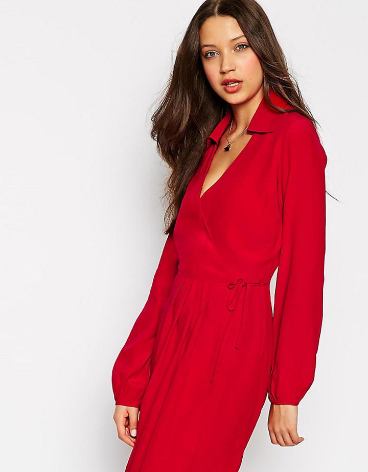 Asos Tall Exclusive Wrap Dress With Long Sleeve And Tie Waist - Red