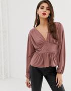 Asos Design Long Sleeve Top With Balloon Sleeve And Corset Waist-pink