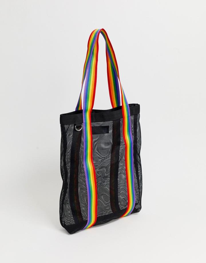 Asos Design Mesh Tote Bag Shopper With Rainbow Stripe Handles - Black