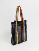Asos Design Mesh Tote Bag Shopper With Rainbow Stripe Handles - Black