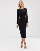 Asos Design Midi Pencil Dress With Cut Out And Lace Insert - Black