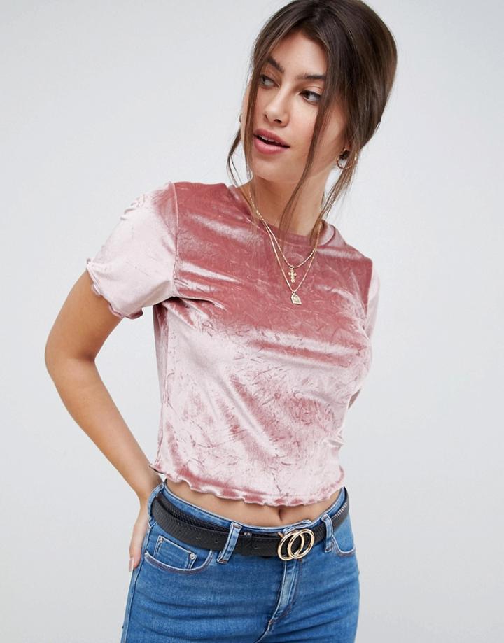 Asos Design Velvet Lettuce Edge Crew Neck T-shirt - Pink