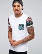 Asos T-shirt With Floral Print Pocket And Sleeves With Roll - White