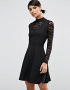 Asos High Neck Skater Dress With Lace Insert And Lace Sleeves - Black
