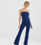 Asos Design Petite Denim Flared Jumpsuit With Strappy Back In Bright Blue