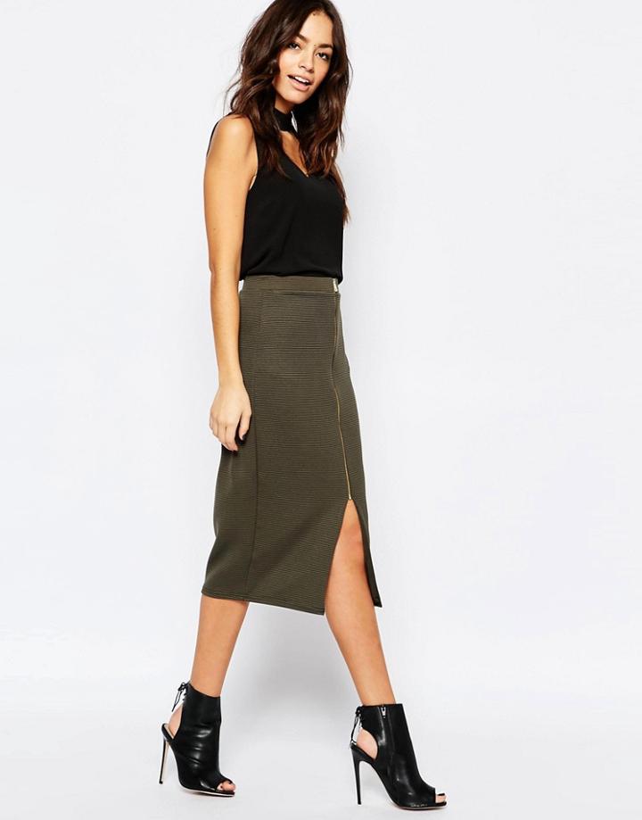 New Look Ribbed Zip Pencil Skirt - Green