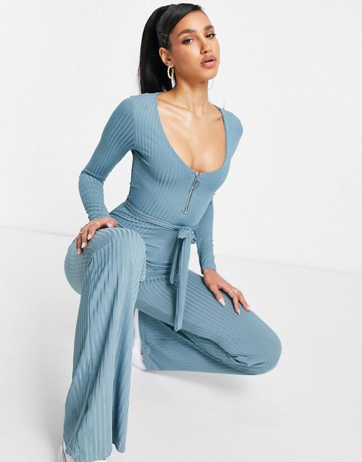 Club L London Plunge Zip-front Wide Leg Jumpsuit With Belt In Petrol Blue-blues