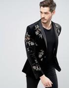 Asos Skinny Blazer In Black Velvet With Embroidery - Black