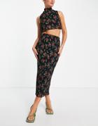 Asos Design Satin Plisse Midi Skirt In Rose Floral Print - Part Of A Set-multi