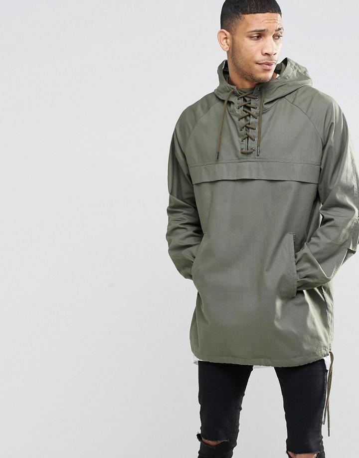 Asos Windbreaker With Laced Neck Detail In Khaki - Khaki