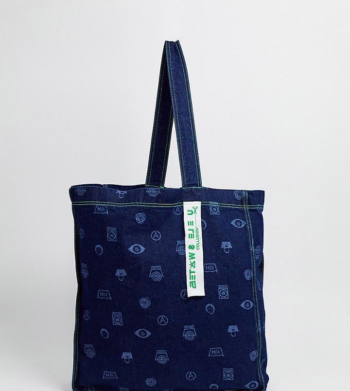Collusion Printed Denim Oversized Tote Bag-blue