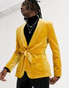 Asos Design Skinny Velvet Smoking Jacket In Mustard