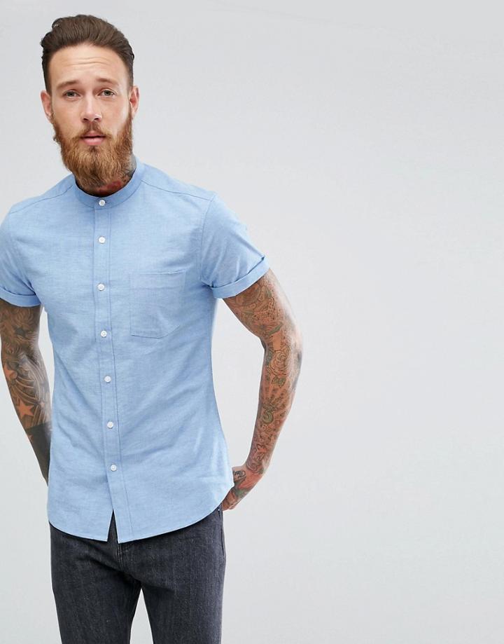 Asos Casual Slim Oxford In Blue With Grandad Collar - Blue
