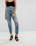 Asos Design Recycled Florence Authentic Straight Leg Jeans In Chayne Green Cast With Rips-blue