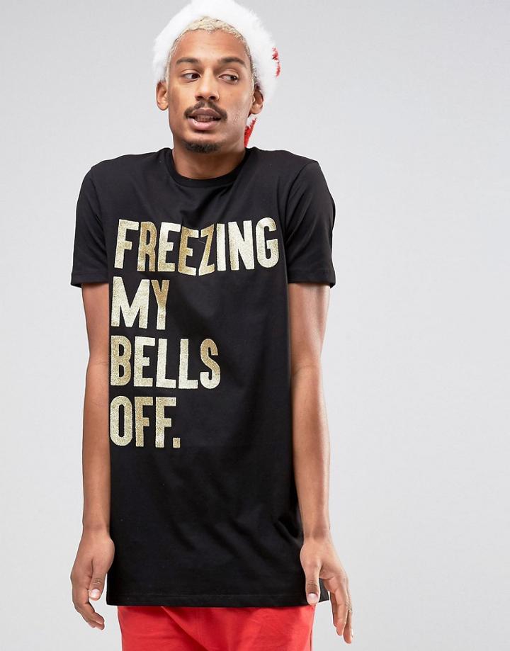 Asos Holidays Super Longline T-shirt With Freezing Bells In Glitter Pr