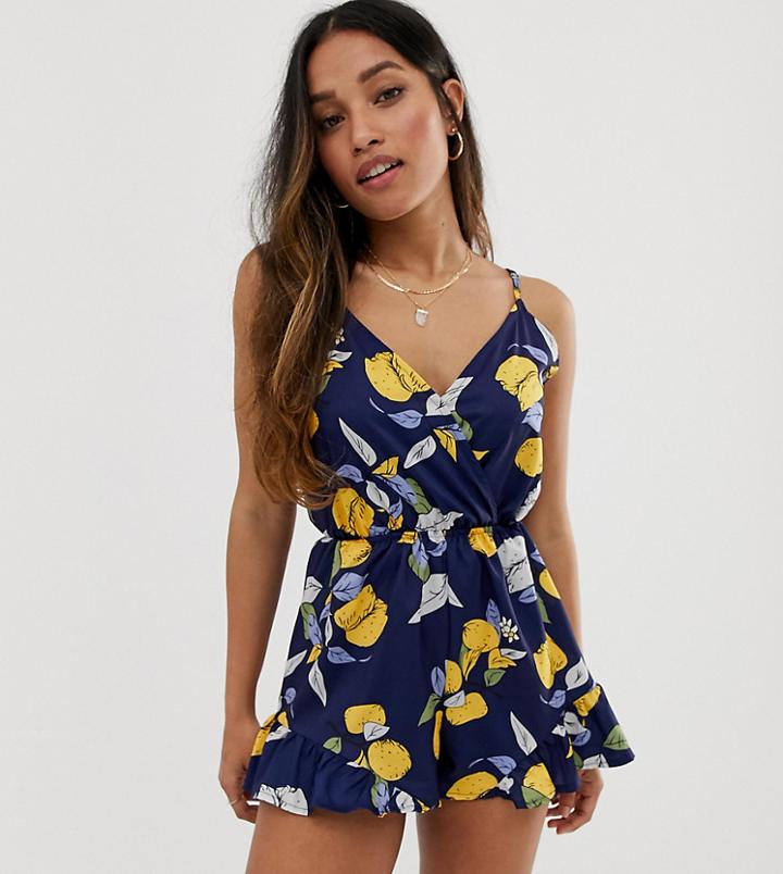 Parisian Petite Cami Strap Romper In Lemon Print - Navy