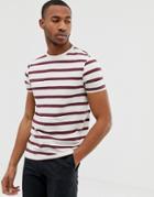 Asos Design Organic Cotton Stripe T-shirt In Off White And Burgundy - Multi