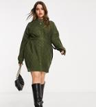 Ax Paris Plus Cable Knit Sweater Dress In Khaki-green