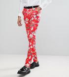 Asos Tall Super Skinny Suit Pants With Red Peacock Print - Red