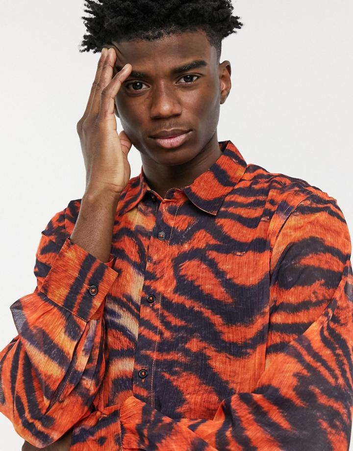 Asos Design Regular Fit Shirt With Blouson Sleeves In Sheer Animal Print-red