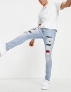 Sixth June Distressed Skinny Jeans With Tartan In Blue-blues