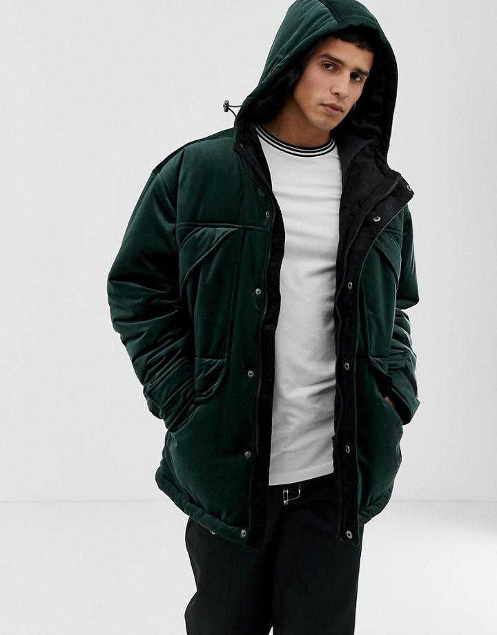 Asos Design Parka Jacket In Velour - Green