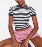 Asos Design Petite Slim Fit Ribbed T-shirt In Navy And White Stripe-gray