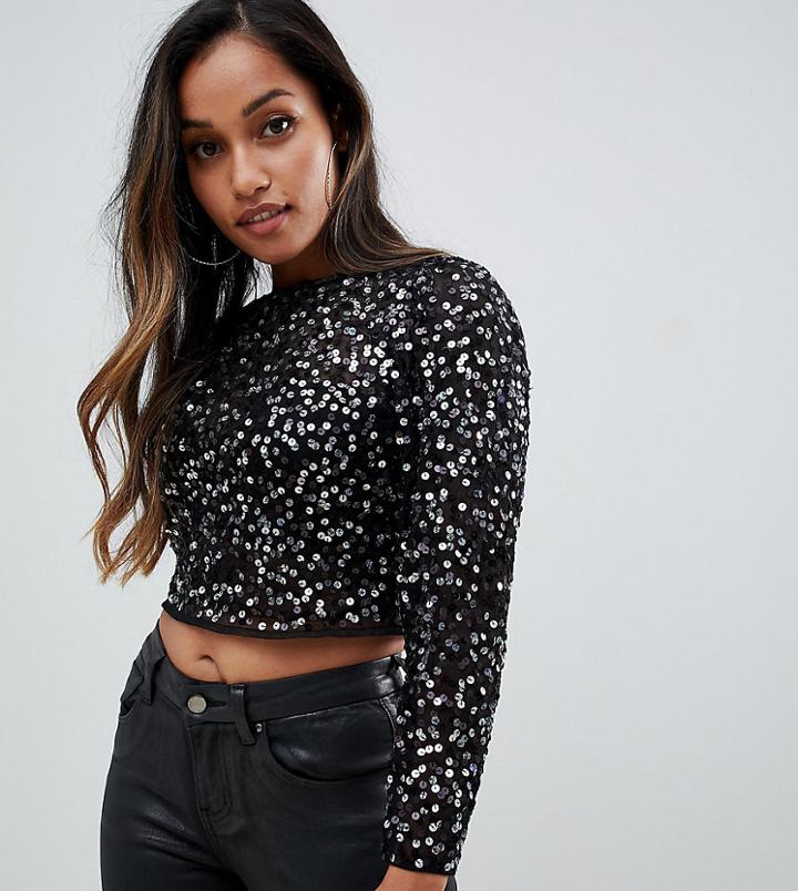 Asos Design Petite Long Sleeve Top With Sequin Embellishment - Black