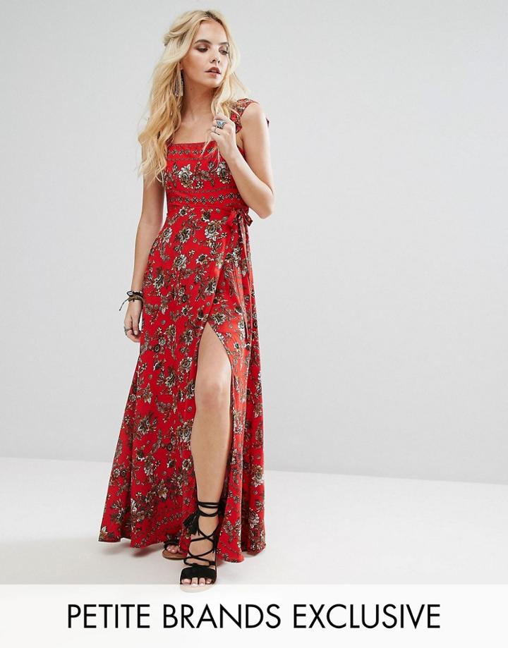 Sisters Of The Tribe Petite Printed Bardot Tie Waist Maxi Dress - Multi