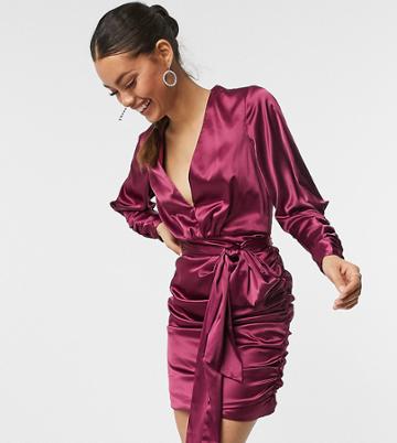 Chi Chi London Petite Long Sleeve Ruched Satin Mini Wrap Dress In Berry-pink