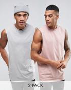 Asos 2 Pack Sleeveless T-shirt With Dropped Armhole In Gray/pink Save - Multi