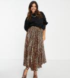 Asos Design Petite Satin Pleat Midi Skirt In Leopard Print-multi
