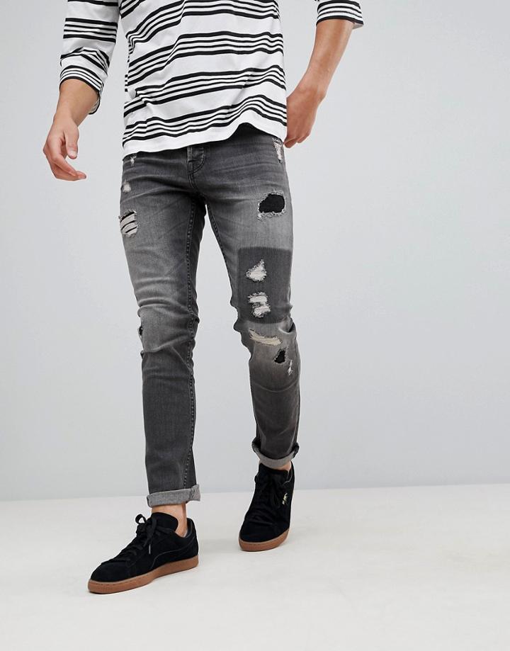 Only & Sons Slim Fit Jeans With Rip Repair And Patch Details - Gray