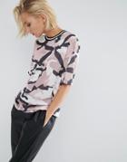 Asos T-shirt In Longline Fit With Stripe Tipping In Camo Print Mesh - Multi