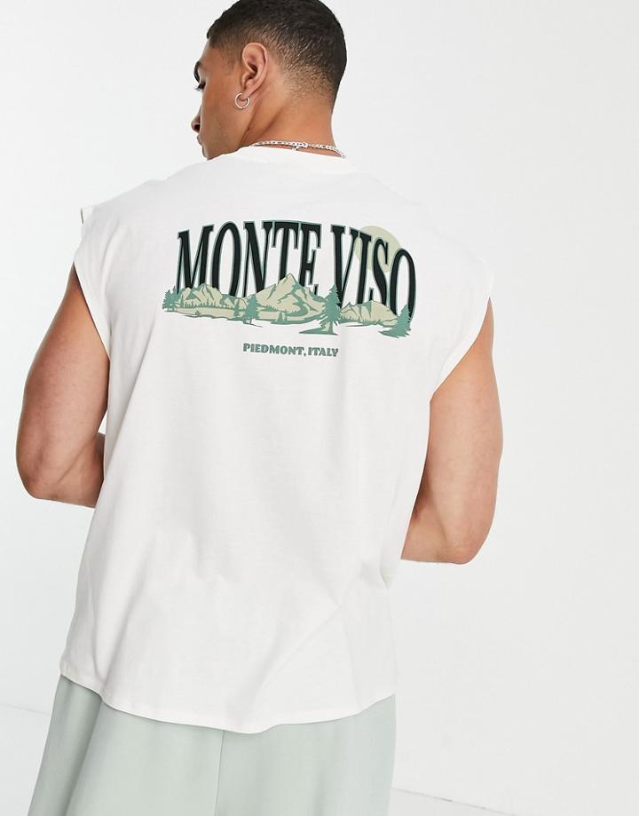 Asos Design Oversized Tank In Off White With Mountain Back Print-neutral