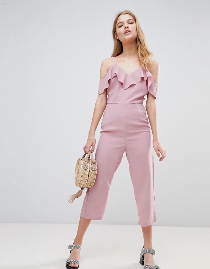 Love & Other Things Frill Detail Culotte Jumpsuit - Pink