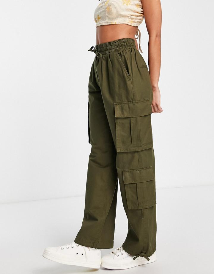 New Look Denim Cargo Sweatpants In Khaki-green