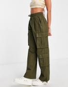 New Look Denim Cargo Sweatpants In Khaki-green