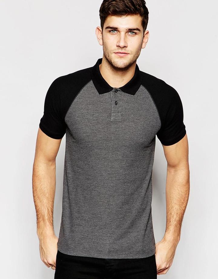Asos Muscle Waffle Polo With Contrast Sleeves In Charcoal - Charcoal Marl