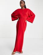 Asos Design Front Twist Maxi Dress With Fluted Sleeve In Red