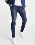 Hollister Superskinny Fit Distressed Knee Blowout Jeans In Bright Dark Wash-blue