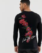 Asos Design Organic Cotton Muscle Fit Long Sleeve T-shirt With Text And Rose Chest And Back Print-black