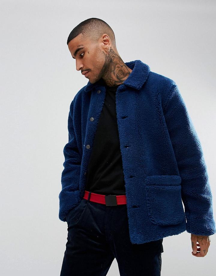 Asos Borg Worker Jacket In Blue - Blue