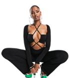 Asyou Cross Front Cut Out Long Sleeve Jumpsuit In Black