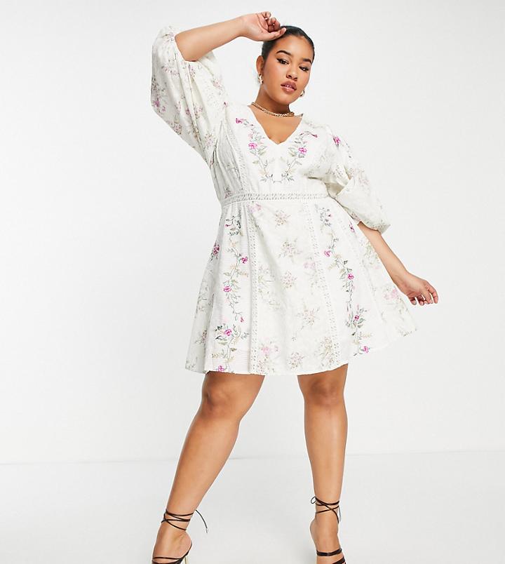Asos Edition Curve Floral Embroidered Mini Dress With Lace Inserts-white