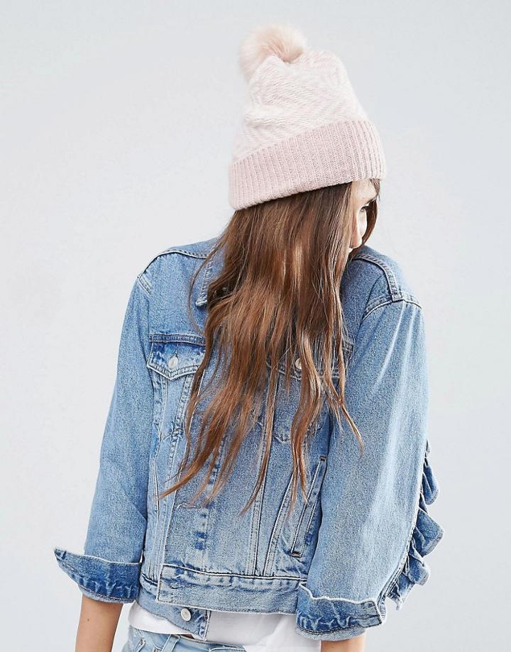 Asos Reverse Jacquard Faux Fur Pom Beanie - Pink
