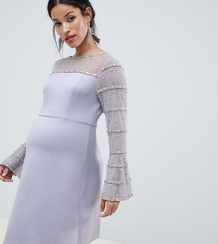 Asos Design Maternity Scuba Mini Dress With Embellished Sleeves And Back Detail - Gray