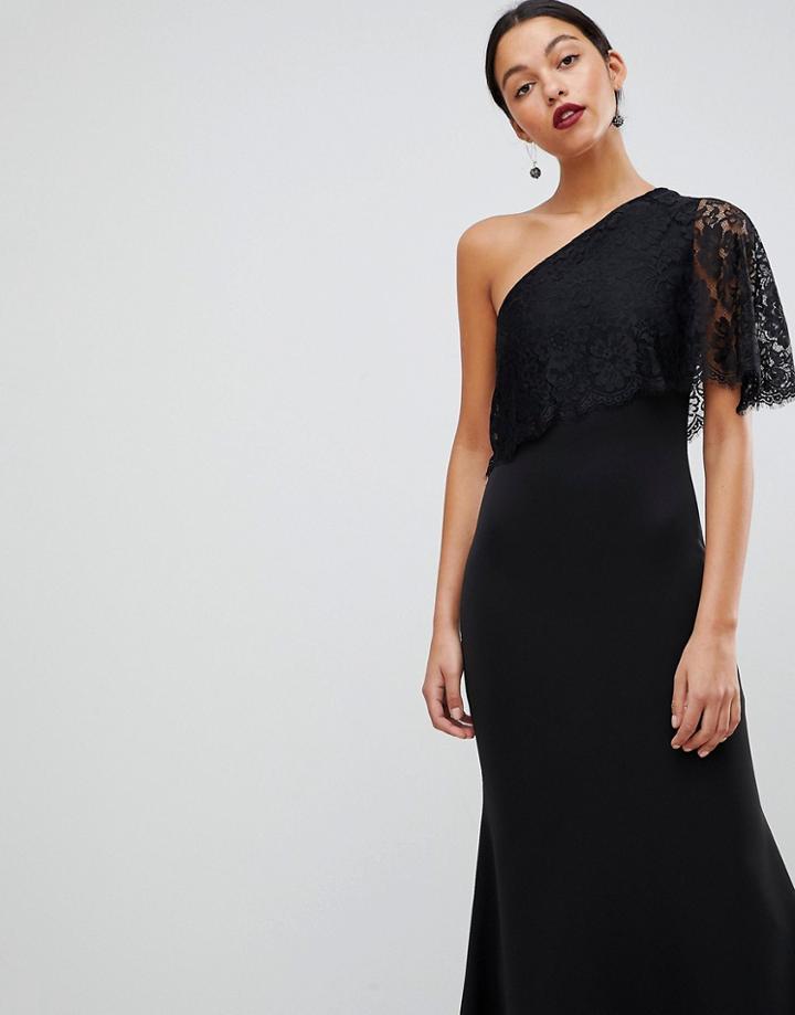 Club L One Shoulder Lace Cape Overlay Detailed Maxi Dress-beige