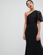 Club L One Shoulder Lace Cape Overlay Detailed Maxi Dress-beige
